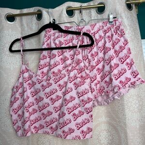 Barbie X Skinnydip Pink Logo Print Pajama Set Shorts Tank Ruffle Hem Size Large